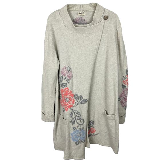 IVKO Women's Long Sleeve Wool Blend Floral Intarsia Gray Duster Cardigan XL - Picture 1 of 6